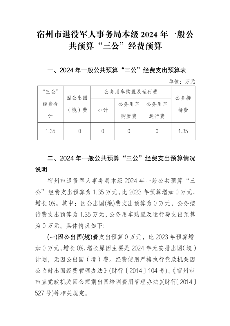 宿州市退役军人事务局本级2024年一般公共预算三公经费预算